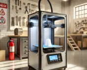 3D Drucker mit Feuerlöscher als Symbol für Material im 3D-Druck