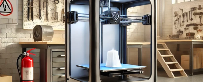 3D Drucker mit Feuerlöscher als Symbol für Material im 3D-Druck