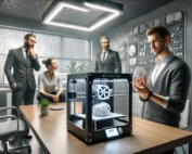 Menschen stehen um einen 3D Drucker und sprechen über die Vorteile eines 3D-Druck Dienstleisters