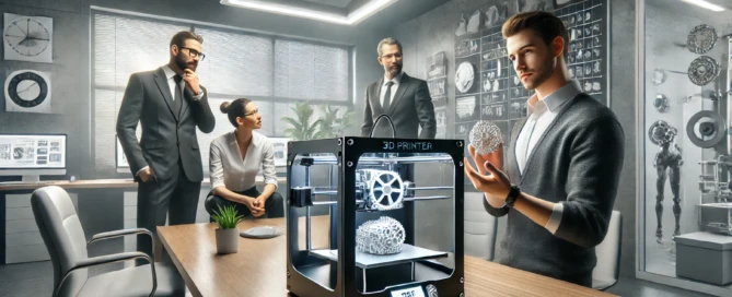 Menschen stehen um einen 3D Drucker und sprechen über die Vorteile eines 3D-Druck Dienstleisters